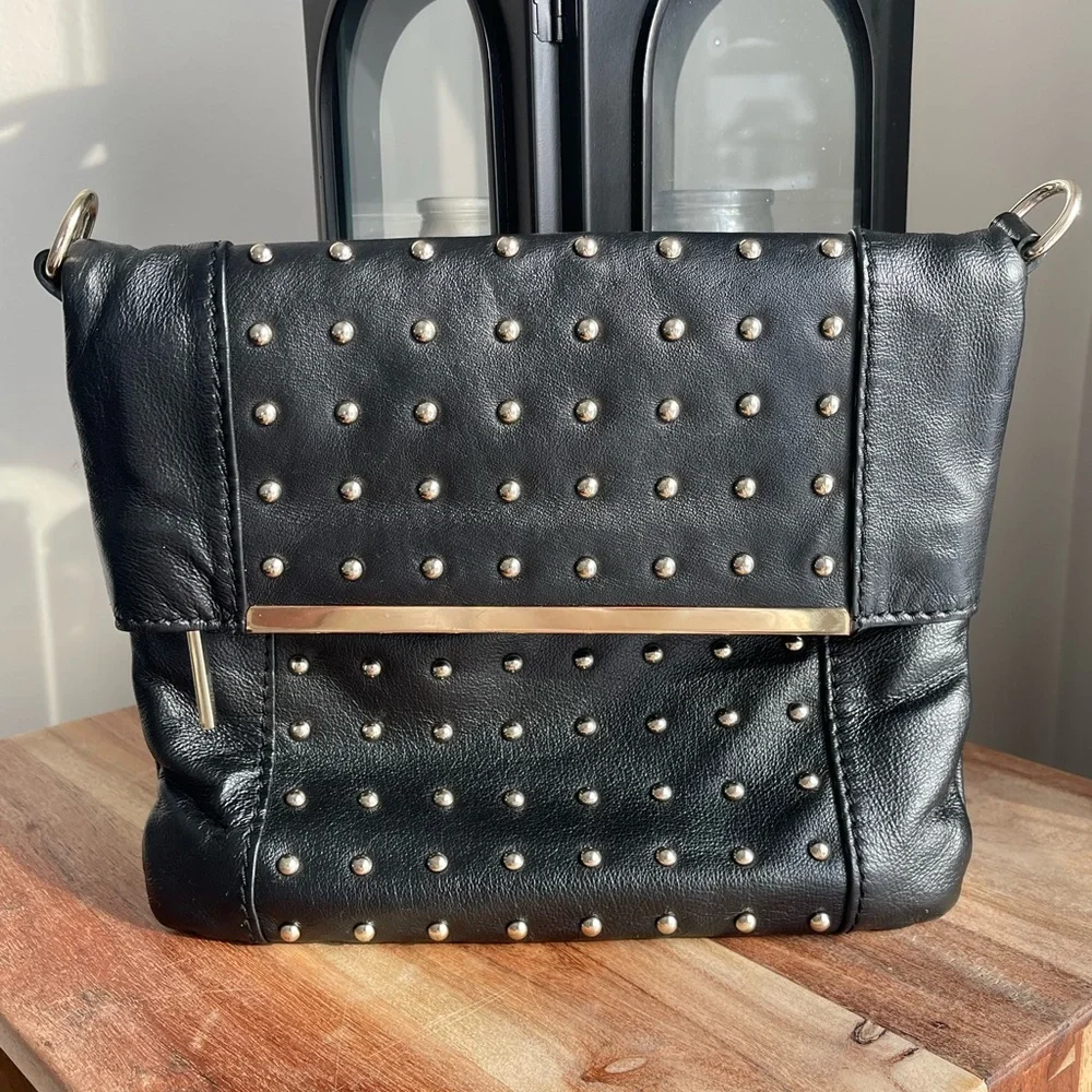 Danier | Black Studded Leather HandBag, Silver Strip Detail, Magnet Closure - Picture 3 of 14